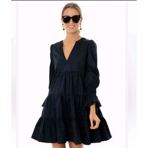 Pomander Place by Tuckernuck Navy Crepe Kenzo Dress sz L Tiered Mini Swing